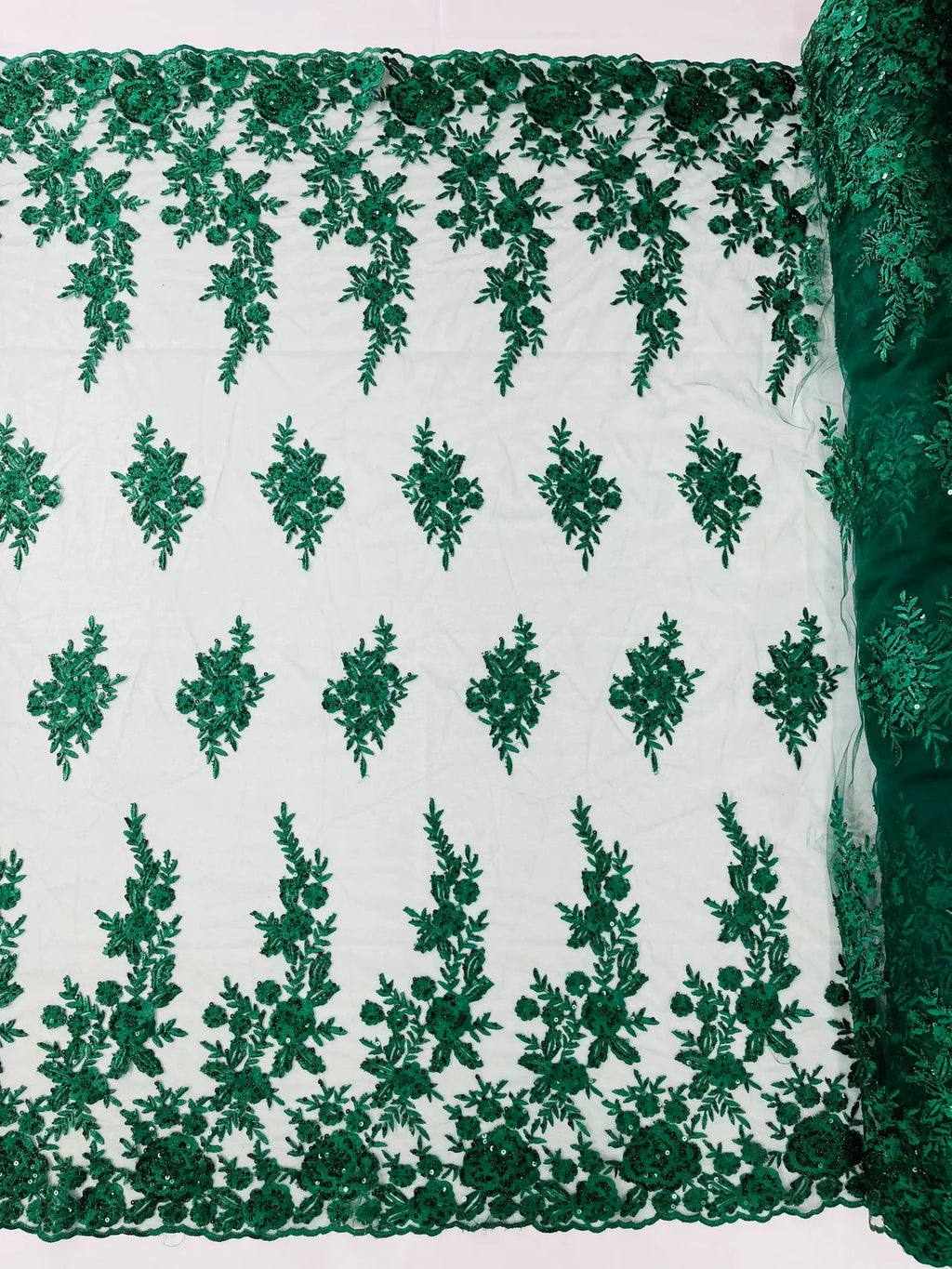 Beaded Rose Flower Fabric - Hunter Green - Embroidered Beaded Long Border Floral Fabric By Yard