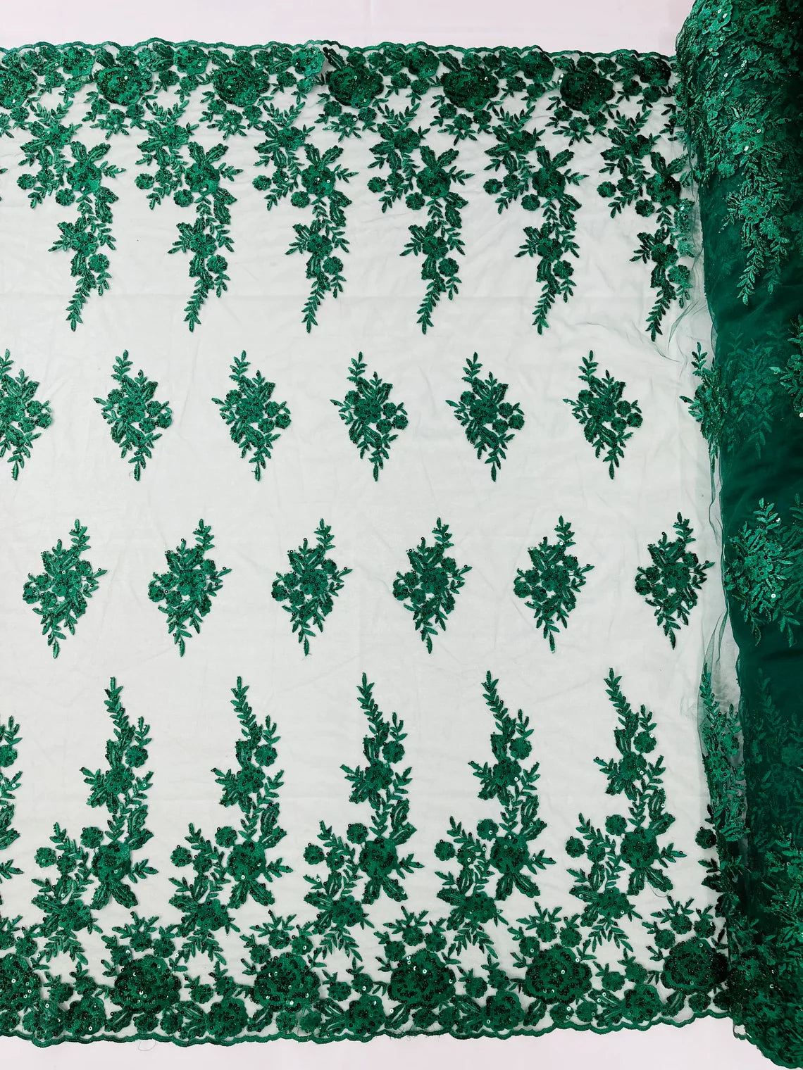 Beaded Rose Flower Fabric - Hunter Green - Embroidered Beaded Long Border Floral Fabric By Yard