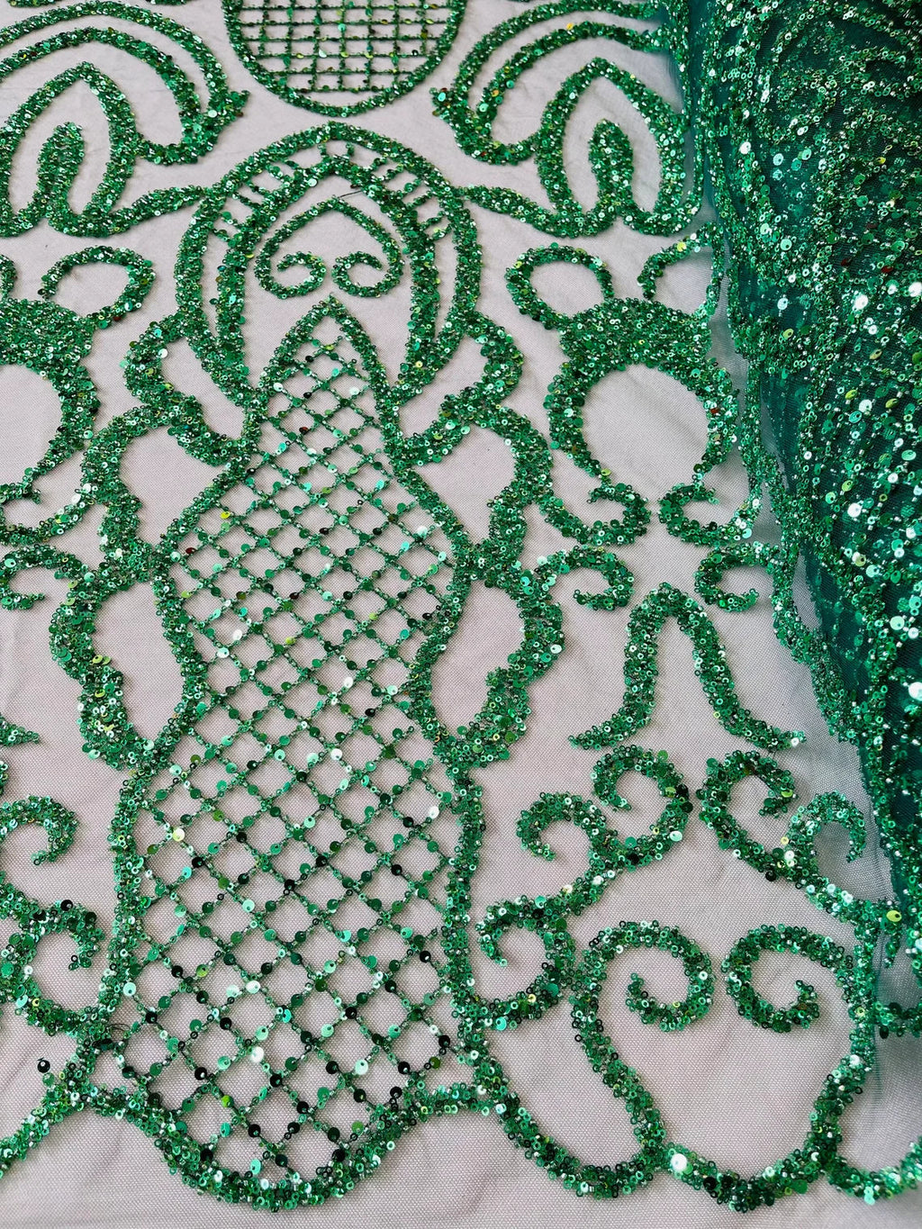 Beaded Fashion Design Fabric - Hunter Green - Beaded Embroidered Damask Style Fabric on Mesh By Yard