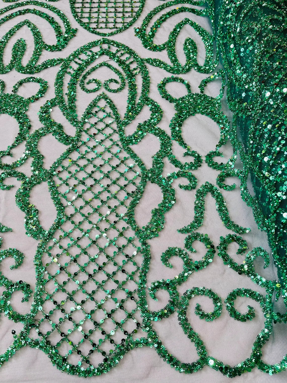 Beaded Fashion Design Fabric - Hunter Green - Beaded Embroidered Damask Style Fabric on Mesh By Yard