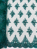 Beaded Floral Fabric - Hunter Green - Floral Cluster Design Fabric with Damask Border by Yard
