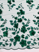 3D Floral Pearl Fabric - Hunter Green - Embroidered Floral Pearl Fabric Double Border On Mesh By Yard