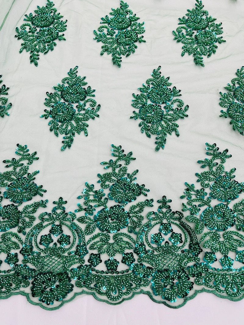 Heavy Beaded Floral Fabric - Hunter Green - Luxury Heavy Duty Bead Bridal Floral Cluster Lace Fabric by the yard