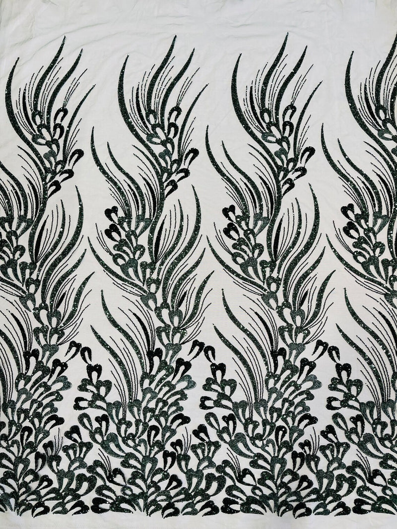 Fancy Wavy Leaf Bead Fabric - Hunter Green - Leaf Line Beaded Design Embroidered Mesh By Yard