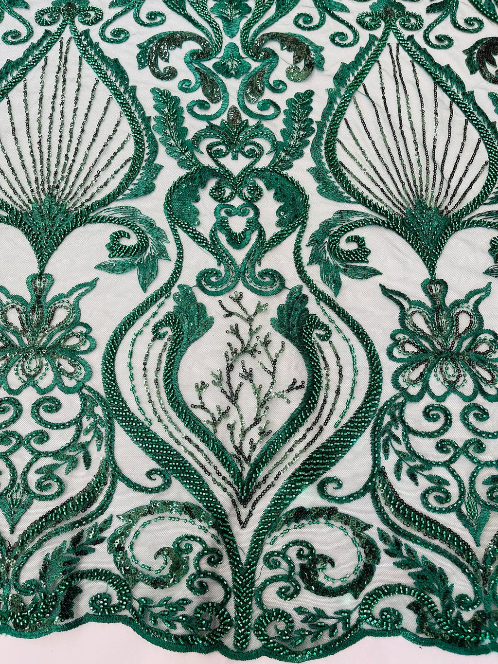 Damask Leaf Bead Fabric - Hunter Green - Heavy Beaded Embroidered Sequins Lace Fabric by Yard