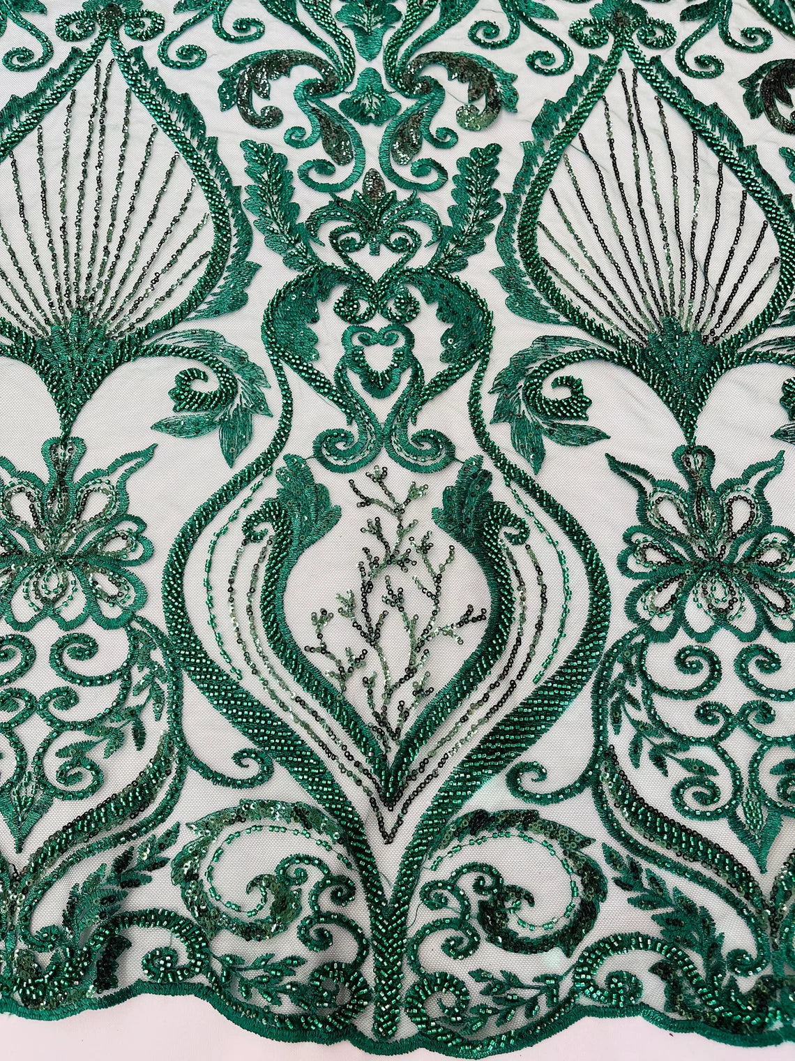 Damask Leaf Bead Fabric - Hunter Green - Heavy Beaded Embroidered Sequins Lace Fabric by Yard