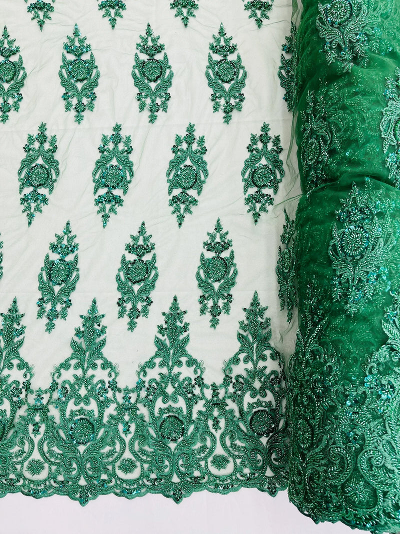 Floral Bead Embroidery Fabric - Hunter Green - Damask Floral Bead Bridal Lace Fabric by the yard