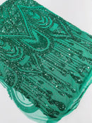 Zig Zag Design Sequins - Hunter Green - 4 Way Stretch Embroidered Zig Zag Sequins Lace Fabric By The Yard