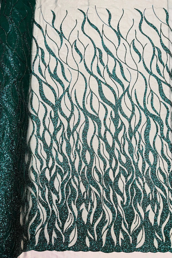 Fire Flames Design Bead Fabric - Hunter Green - Beaded Embroidered Fire Pattern Fabric By Yard