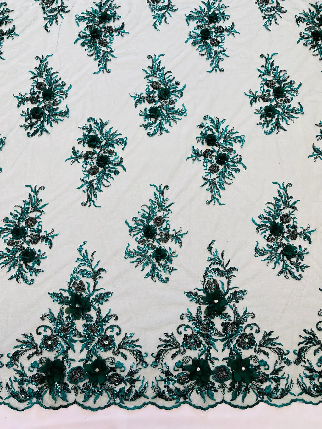 3D Floral Rhinestone Fabric - Hunter Green - Beaded Flower Clusters with Rhinestones / Sequins By Yard