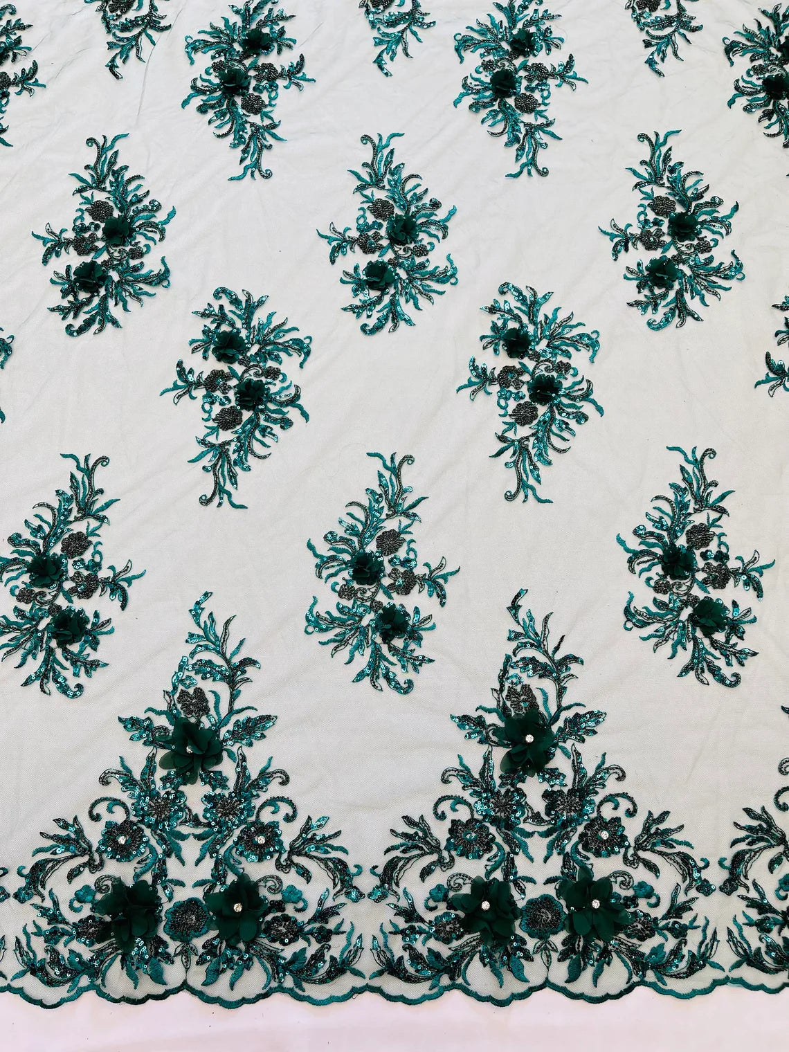 3D Floral Rhinestone Fabric - Hunter Green - Beaded Flower Clusters with Rhinestones / Sequins By Yard