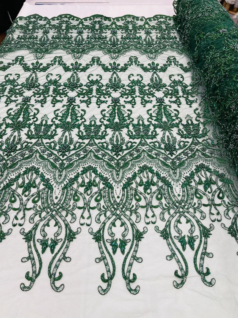 Damask Bead Fabric - Hunter Green - Embroidered Glamorous Fabric with Round Beads Sold By Yard