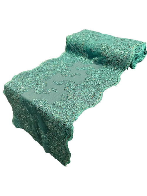 14" Metallic Floral Design Lace Table Runner - Hunter Green - Event Table Decor Runner Sold By Yard