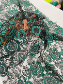 3D Rose Chunky Glitter Fabric - Hunter Green - Rose Floral Design Glitter on Tulle Fabric Sold by Yard