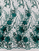 3D Glitter Floral Design Fabric - Hunter Green - Floral Line Design Embroidered Sequins Fabric by Yard