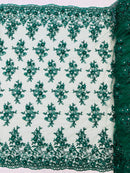 3D Embroidered Floral Fabric - Hunter Green - 3D Rhinestone and Sequins Floral Fabric Sold By Yard