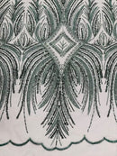 Beaded Lines Fabric - Hunter Green - Luxury Beads and Sequins Line Design Fabric By Yard