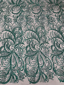 Glitter Palm Leaf Design Fabric - Hunter Green - Tulle Mesh Glitter Leaf Design Fabric Sold By Yard