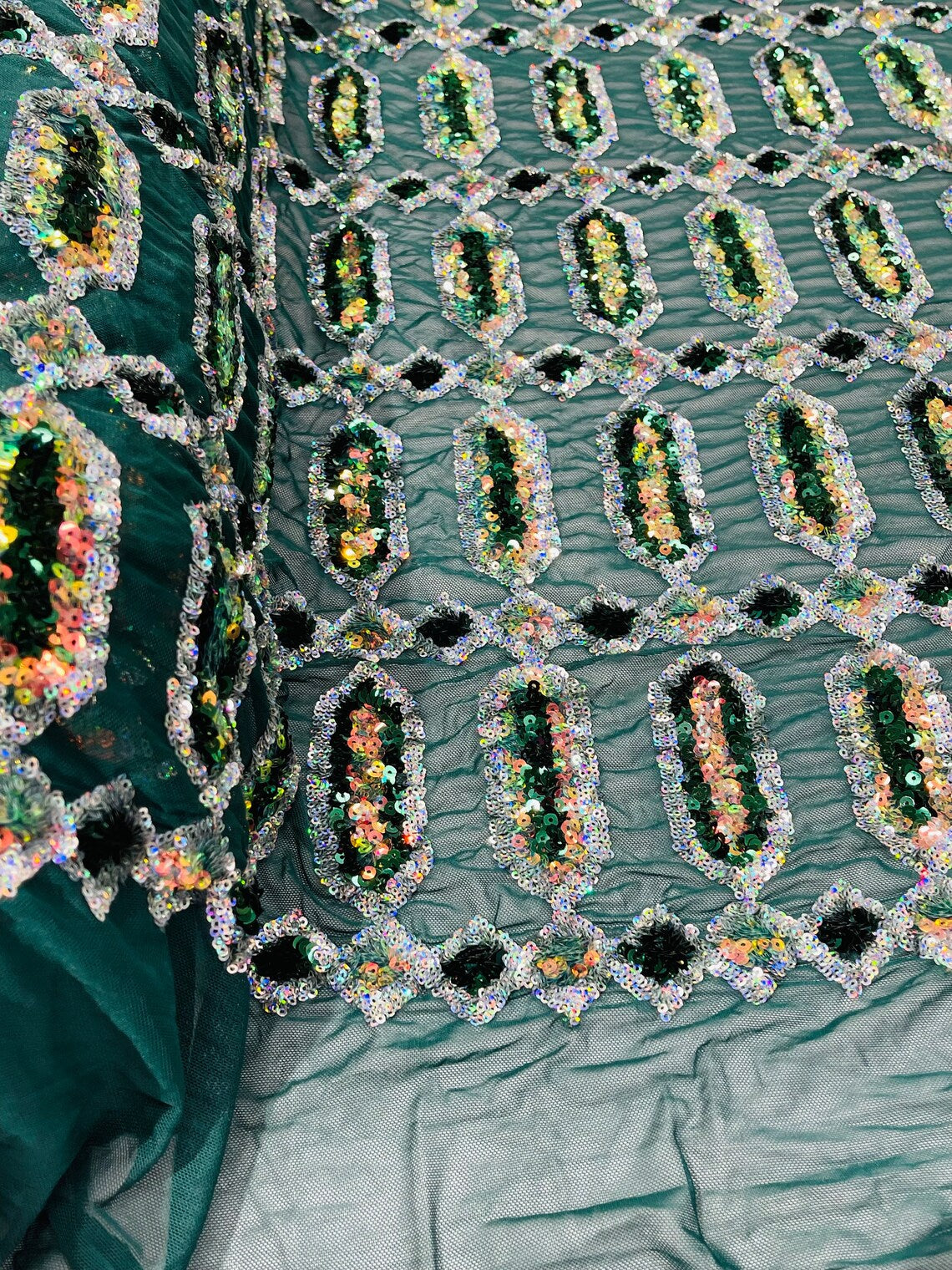Fancy Gem Jewel Fabric - Hunter Green - Geometric Stretch Sequins Design on Mesh By Yard