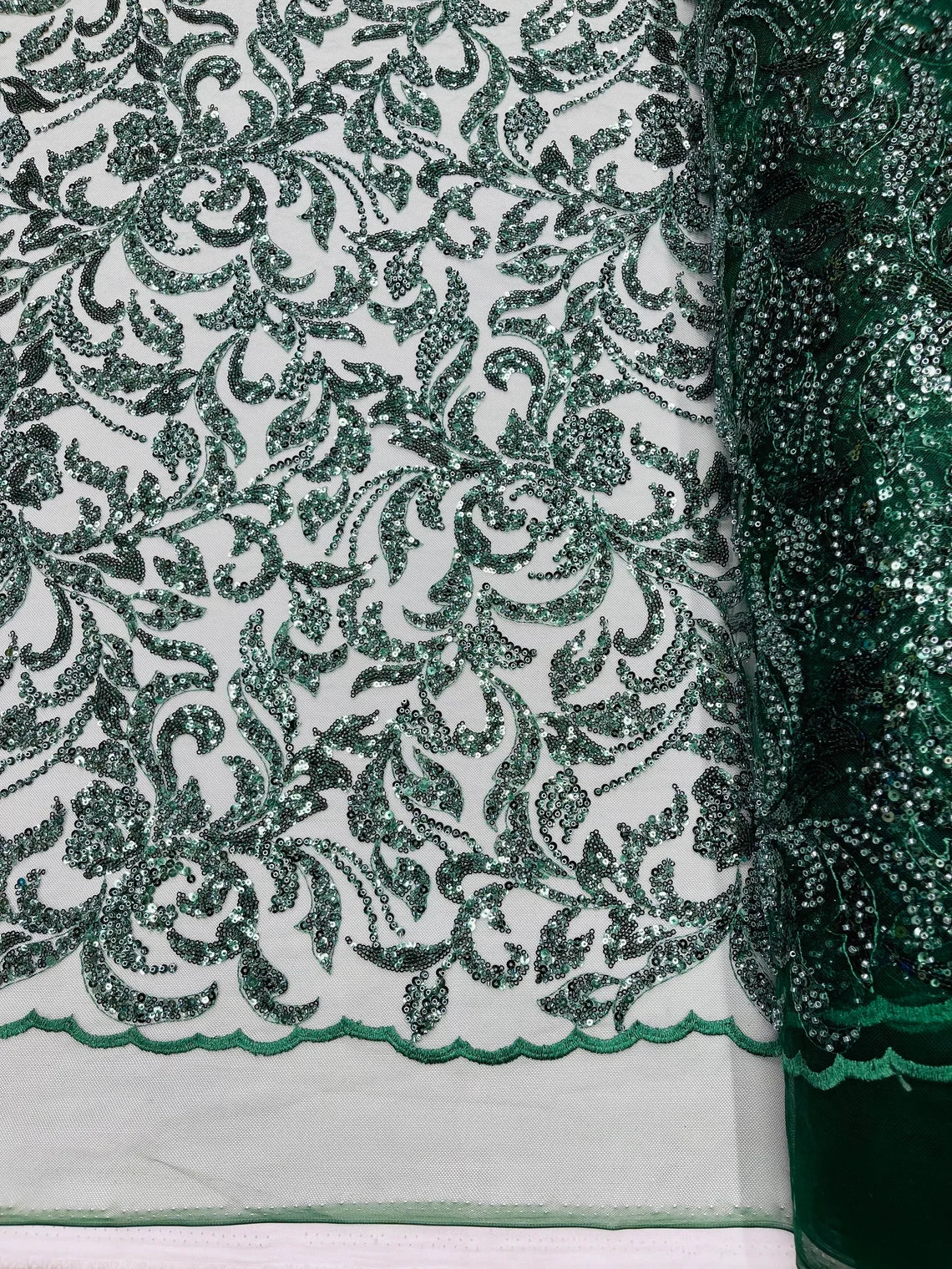 Beaded Flower Leaf Fabric - Hunter Green - Shiny Beads and Sequins in Flower Design on Lace by Yard