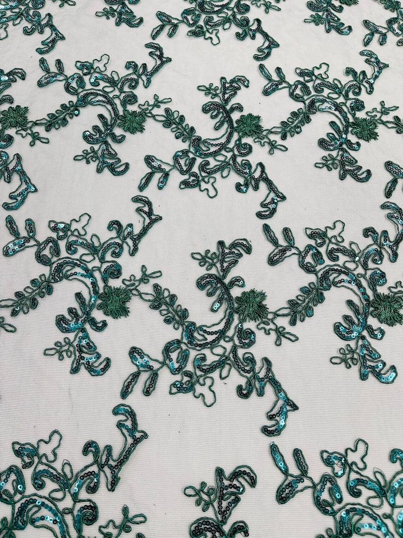 Floral Sequins Lace Fabric - Hunter Green - Embroidery Flower Clusters Design with Shiny Sequins  Fabric Sold By Yard