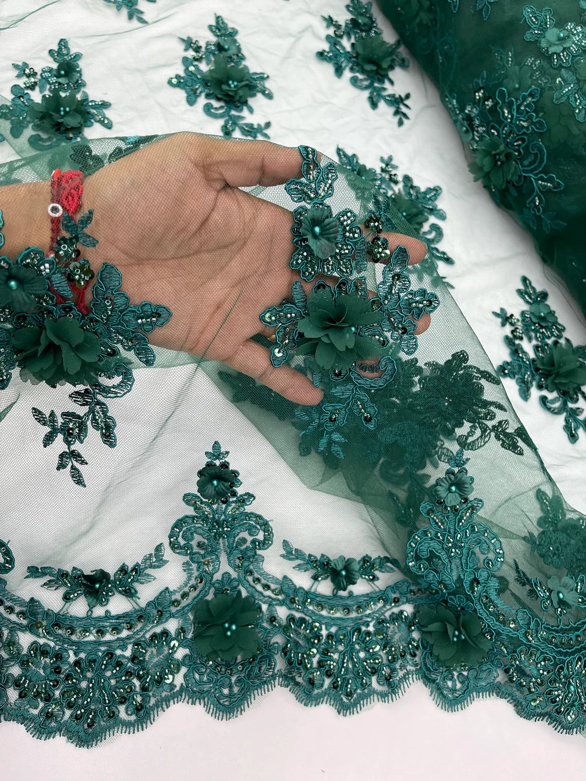 3D Floral Pearl Design - Hunter Green - Floral Embroidered Pearls and Sequins Fabric By Yard