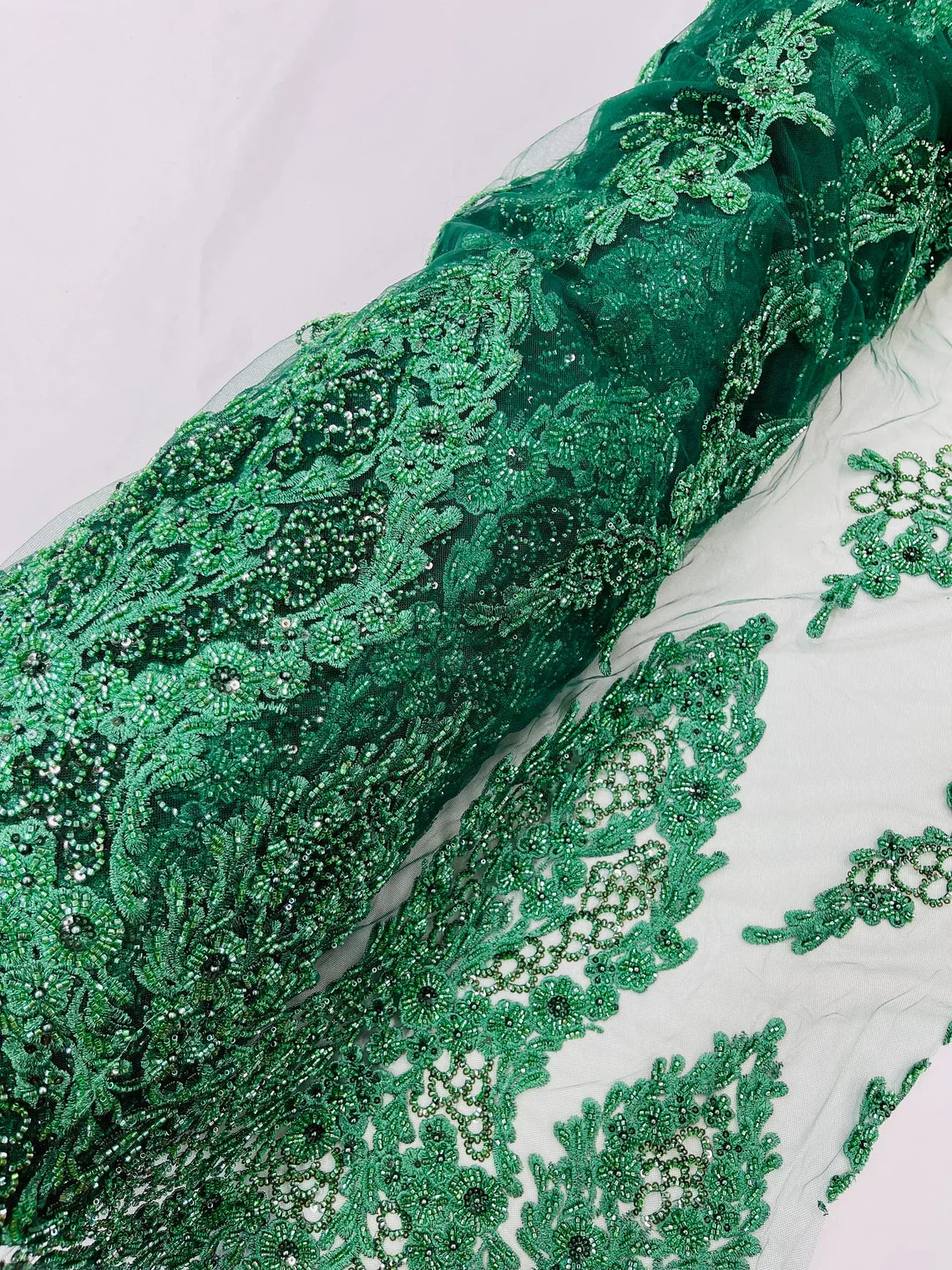 Heavy Bead Floral Fabric - Hunter Green - Beaded Flower Design Fabric Fancy Border By Yard