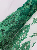 Heavy Bead Floral Fabric - Hunter Green - Beaded Flower Design Fabric Fancy Border By Yard