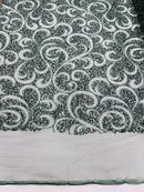 Beaded Swirl Design Fabric - Hunter Green - Swirl Design with Beads and Sequins on Lace by Yard