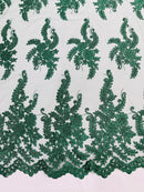 Long Leaf Designs Lace Fabric - Hunter Green - Embroidered Braid Leaf Pattern on Lace Mesh Fabric By Yard