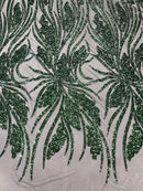 Wavy Leaf Sequins Fabric - Hunter Green - Wavy Lines and Leaves Design on Lace Mesh Fabric by Yard