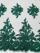 Corded Floral 3D Fabric - Hunter Green - Embroidered Floral Design on Lace Mesh Fabric by Yard
