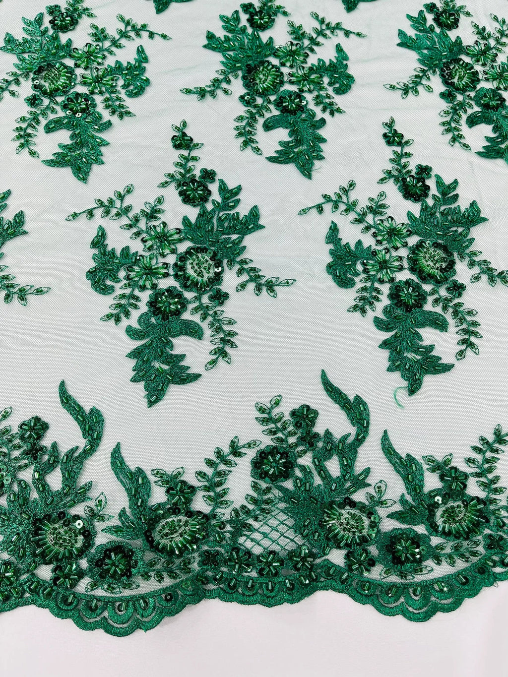 Beaded Flower Sequins Fabric - Hunter Green - Embroidered Beaded Floral Clusters Sequins Fabric By Yard