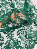 King Lace Pattern Fabric - Hunter Green - Embroidered Sequins on Lace Mesh Fabric By Yard