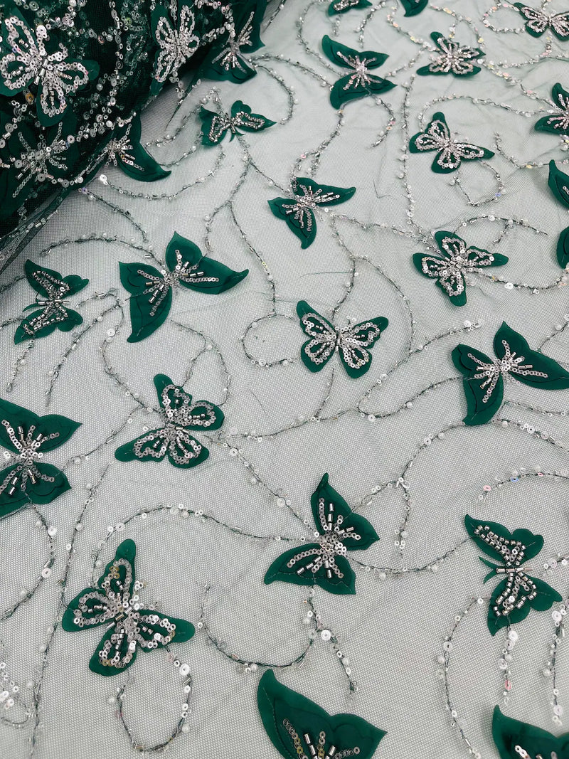 3D Butterfly Beaded Fabric - Hunter Green - Beaded Sequins Butterfly Embroidered Fabric By Yard