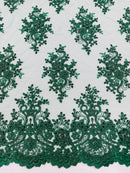 Floral Pearl Bead Fabric - Hunter Green - Flower Design with Beads and Sequins Fabric Sold By Yard