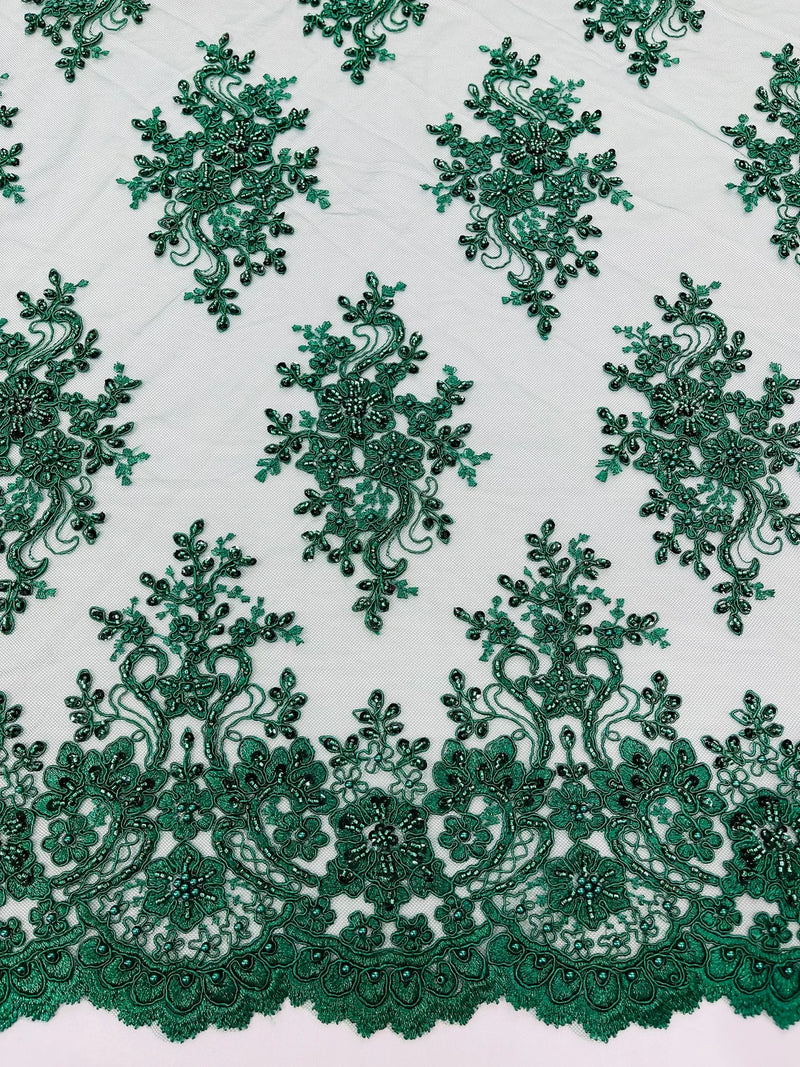 Floral Pearl Bead Fabric - Hunter Green - Flower Design with Beads and Sequins Fabric Sold By Yard