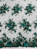 3D Flower Sequins Design - Hunter Green - Embroidered Pearl Sequins Floral Clusters Lace Fabric By Yard