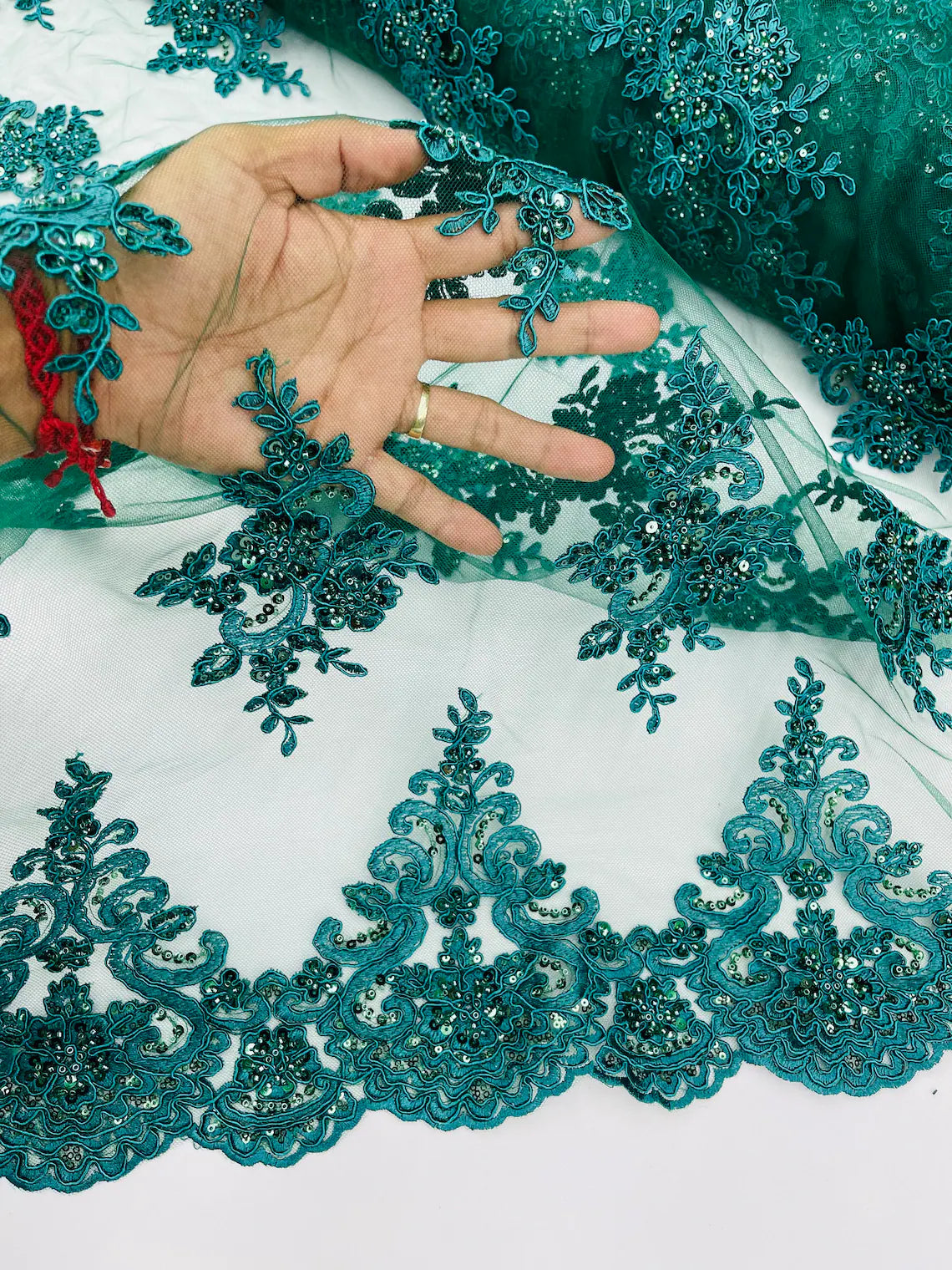 Beaded Floral Fabric - Hunter Green - Floral Cluster Design Fabric with Damask Border by Yard