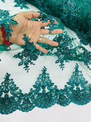 Beaded Floral Fabric - Hunter Green - Floral Cluster Design Fabric with Damask Border by Yard