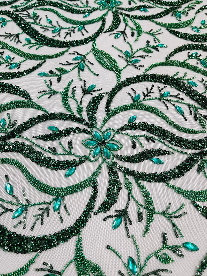 Wavy Leaf / Floral Bead Fabric - Hunter Green - Beaded Rhinestone Embroidered on a Mesh By Yard