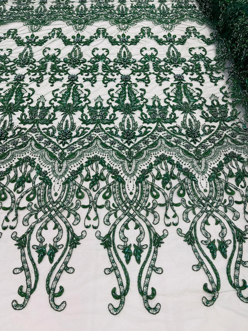 Damask Bead Fabric - Hunter Green - Embroidered Glamorous Fabric with Round Beads Sold By Yard