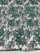 3D Rose Chunky Glitter Fabric - Hunter Green - Rose Floral Design Glitter on Tulle Fabric Sold by Yard