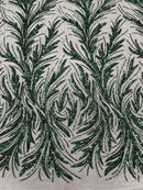 Leaf Design Stretch Sequins - Hunter Green - 4 Way Stretch Lace Mesh Sequins Fabric by Yard