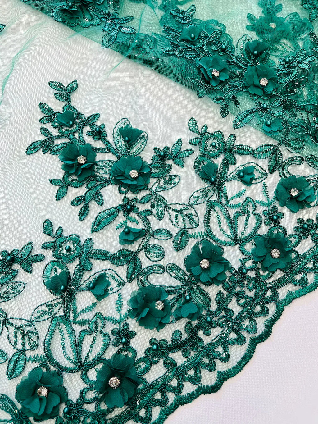 3D Embroidered Floral Fabric - Hunter Green - 3D Rhinestone and Sequins Floral Fabric Sold By Yard
