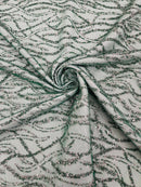 Glitter Wavy Bead Fabric - Hunter Green - Sequins, Bead, Glitter Design on Lace Fabric By Yard