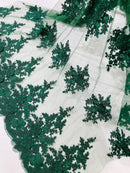 Corded Floral 3D Fabric - Hunter Green - Embroidered Floral Design on Lace Mesh Fabric by Yard