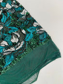 Orchid Design Sequins - Hunter Green - 4 Way Stretch Full Sequins Floral Design Mesh Fabric By Yard