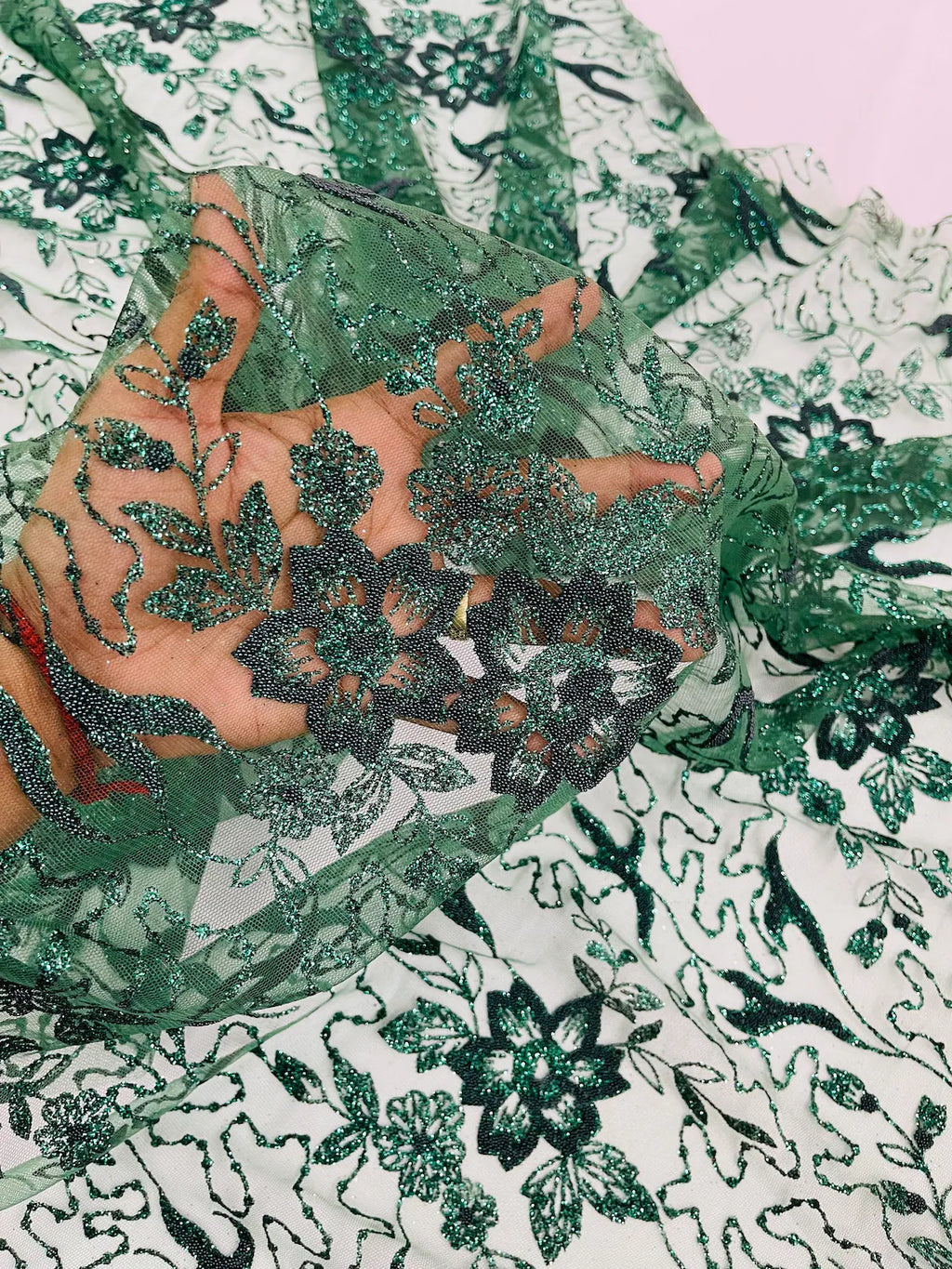 Flower Glitter Fabric - Hunter Green - 3D Floral Tulle Fabric for Wedding, Quinceañera By Yard