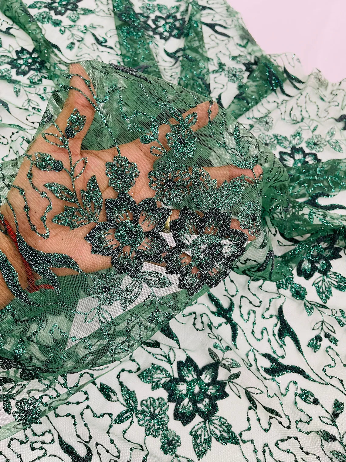 Flower Glitter Fabric - Hunter Green - 3D Floral Tulle Fabric for Wedding, Quinceañera By Yard